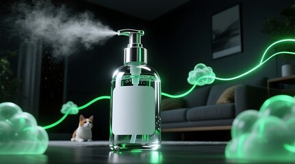 Hand sanitizer spray with green glowing effect and cute cat in background