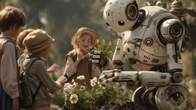 Robot Giving Plant to Children: A scene of wonder unfolds as a robot presents a freshly picked plant to a group of children, bridging the gap between technology and nature in a serene outdoor setting.
