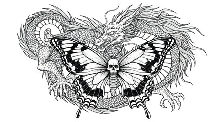Intricate dragon and skull butterfly artwork for tattoo design inspiration or edgy graphic projects