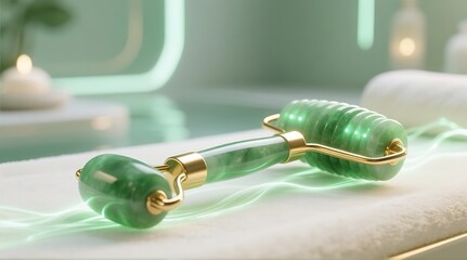Jade roller on a spa table, promoting relaxation and skincare routine