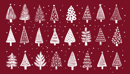 Christmas white tree set on red, hand drawn illustration	
