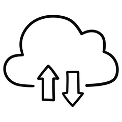 Hand-drawn doodle upload download cloud on a white background.