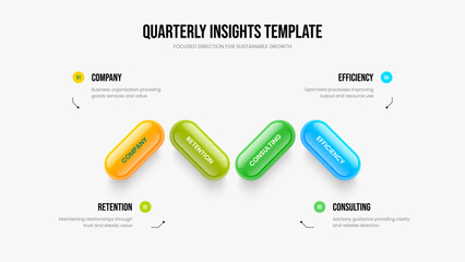 Business Campaign Four Step Infographic Slide Layout. Modern Analysis 4 Element Diagram Slideshow Template. Advertising Review Presentation Design Vector Illustration.