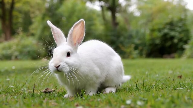 adorable cartoon Easter rabbit character featuring exceptionally large floppy ears  standing cheerfully in an outdoor natural environment surrounded by grass and