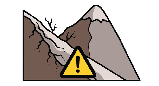 Mountain Landslide Hazard Warning Sign Vector Illustration: A cartoon graphic depicting a rockslide on a hill with a yellow triangular danger alert.