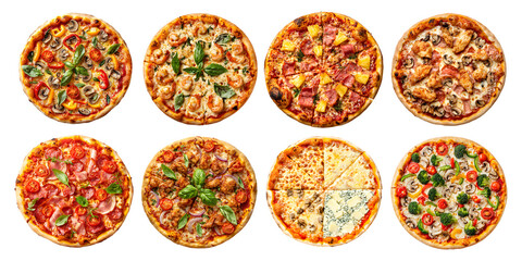 A large set of delicious pizzas with various toppings isolated on a transparent background. A top-down view of the large collection of pizzas