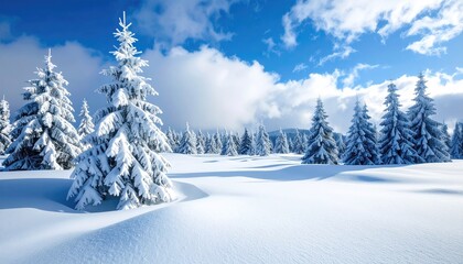 Fototapeta premium A serene winter landscape with snow-covered pine trees under a bright blue sky with white clouds during the day creating a peaceful and tranquil atmosphere.