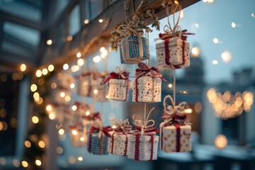 Hanging advent calendar made of small gift boxes with lights