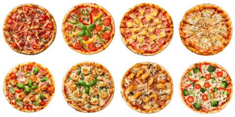 A large set of delicious pizzas with various toppings isolated on a transparent background. A top-down view of the large collection of pizzas