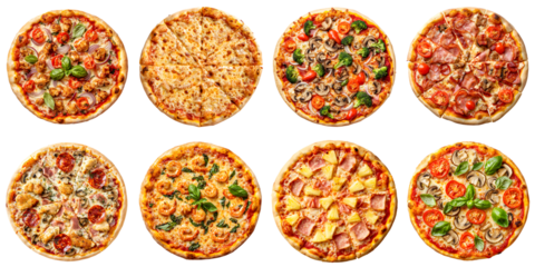 A large set of delicious pizzas with various toppings isolated on a transparent background. A top-down view of the large collection of pizzas