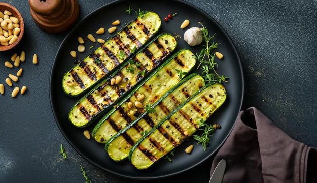 Overhead flat lay food photography, grilled zucchini slices on black ceramic plate, golden grill marks, topped with pine nuts and 

fresh thyme sprigs, dark blue-gray textured concrete background, woo