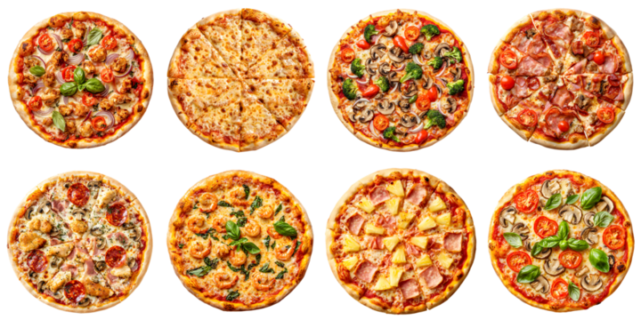 A large set of delicious pizzas with various toppings isolated on a transparent background. A top-down view of the large collection of pizzas