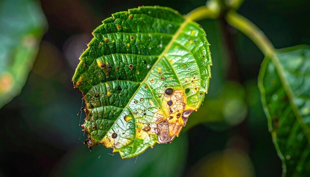 Damaged green leaf, mottled with brown and yellow, hanging from stem on a blurry, dark green background - Powered by Adobe