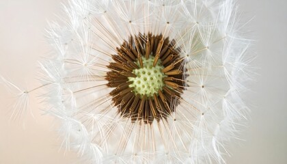 Dandelion seed head, with a brown center, on a soft-colored background. Fluffy, airy, and delicate seed texture