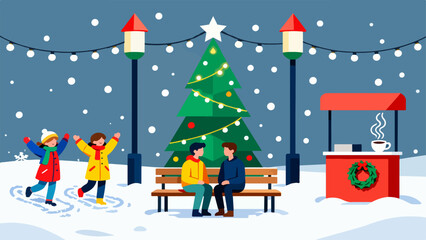 Fototapeta premium Twinkling Christmas Plaza — Kids at Play, Shining Tree & Cocoa Stand