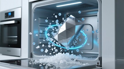 Modern ice maker with ice cubes inside and blue light effect