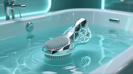 Modern silver body brush floating in a tub filled with clear blue water