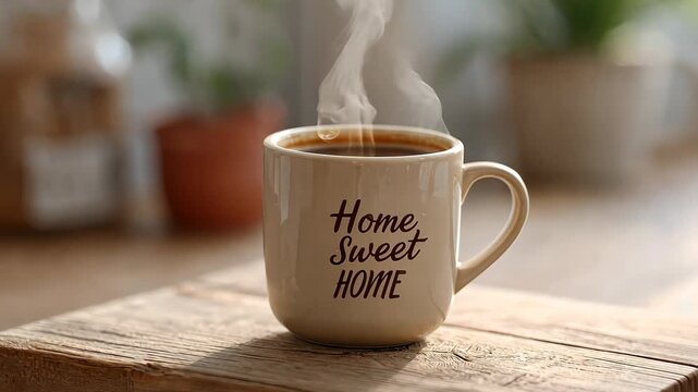 Morning serenity: steaming coffee mug in sunlit kitchen