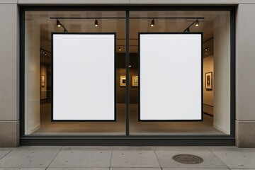 Blank mock-up posters in large glass storefront window with black frames and indoor art gallery background for advertising or branding display concept. Ai generative