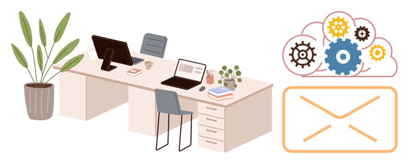 Office desk with laptops, chairs, and plants beside cloud-based automation gears and email concept. Ideal for teamwork, efficiency, technology, office culture, remote work, communication simple flat