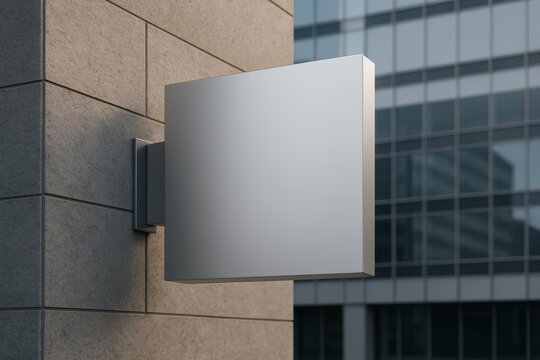 Blank square signage mock up mounted on wall of modern building with copy space for branding or advertisement in urban environment at sunset. Ai generative - Powered by Adobe