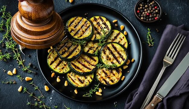Overhead flat lay food photography, grilled zucchini slices on black ceramic plate, golden grill marks, topped with pine nuts and 

fresh thyme sprigs, dark blue-gray textured concrete background, woo