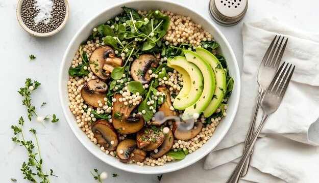 Overhead food photography, Israeli couscous salad in white ceramic bowl, saut&eacute;ed mushrooms, wilted spinach, sliced avocado, fresh microgreens, pearl couscous, light white marble background, salt and