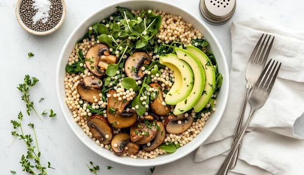 Overhead food photography, Israeli couscous salad in white ceramic bowl, saut&eacute;ed mushrooms, wilted spinach, sliced avocado, fresh microgreens, pearl couscous, light white marble background, salt and