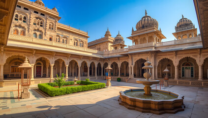 Obraz premium indian palace courtyard with intricately carved sandstone arches and domes under clear blue sky showcasing traditional mughal rajput architecture heritage and cultural beauty