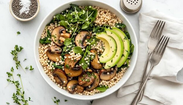 Overhead food photography, Israeli couscous salad in white ceramic bowl, saut&eacute;ed mushrooms, wilted spinach, sliced avocado, fresh microgreens, pearl couscous, light white marble background, salt and