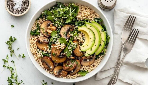 Overhead food photography, Israeli couscous salad in white ceramic bowl, saut&eacute;ed mushrooms, wilted spinach, sliced avocado, fresh microgreens, pearl couscous, light white marble background, salt and