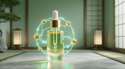Serum bottle with protection shield in japanese room for beauty and health