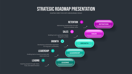 Marketing Proposal Presentation Layout Vector Illustration. Sales Visualization 5 Step Diagram Slide Template. Market Solution Five Option Infographic Frame Design.