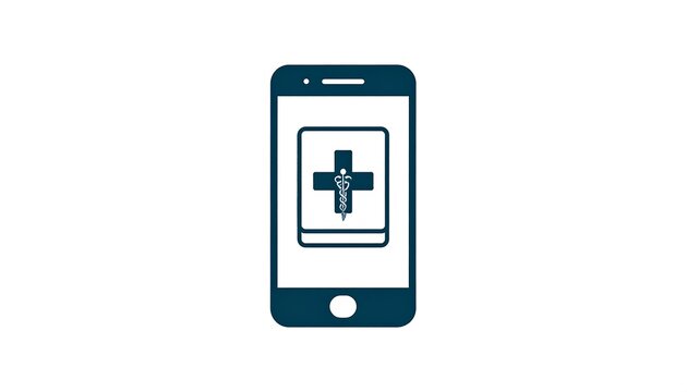 Dark blue outline of a phone with a medical symbol on its screen, centered on a white background