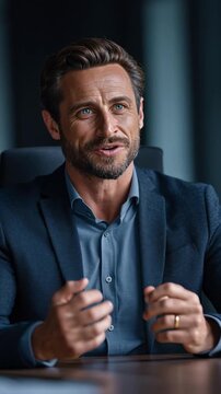 Focused Leadership: A determined man with a composed expression and sharp gaze, commanding attention and conveying wisdom.