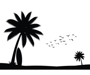 Tropical Beach Silhouette with Palm Trees and Flying Birds