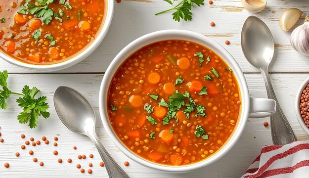 Overhead flat lay food photography, two white ceramic bowls of lentil soup, red lentil and vegetable soup with carrots, garnished with fresh chopped parsley, white wooden table background, scattered
