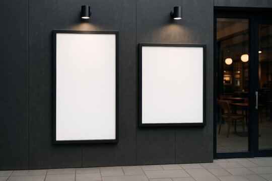 Two vertical blank poster mock ups with black frames on dark building wall outside caf&eacute; under spotlights at night, perfect for branding or advertising display. Ai generative