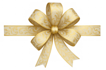 Golden bow on elegant decorative ribbon for gift wrapping, holiday celebration, wedding, and special event decoration