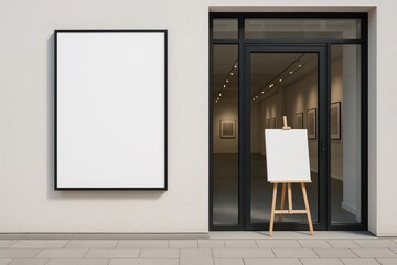 Blank poster mock up on wall and empty canvas on easel outside modern gallery with copy space for branding or advertising concept design. Ai generative