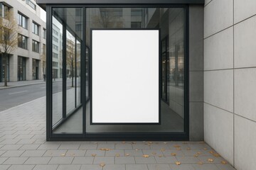 Empty advertising mock up poster in glass frame on modern city storefront with concrete sidewalk and autumn leaves scattered around it. Ai generative