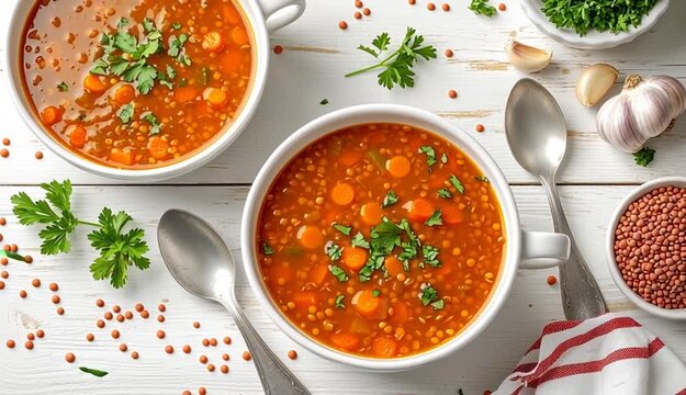 Overhead flat lay food photography, two white ceramic bowls of lentil soup, red lentil and vegetable soup with carrots, garnished with fresh chopped parsley, white wooden table background, scattered