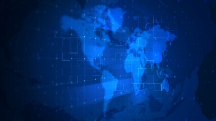 Digital World Map with Blue Geometric Elements and Technological Design