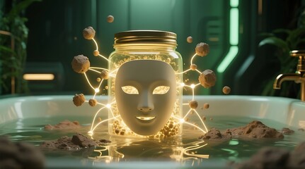 Mask and jar in water with plants and glowing lights in a futuristic room