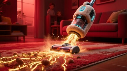 A powerful vacuum cleaner with glowing light effect cleans a red carpet