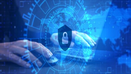 Cybersecurity Concept: Hands on Laptop with Digital Protection Overlay in Blue Hue