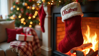Cozy Christmas living room with fireplace, decorated tree, and stockings  