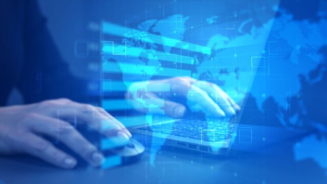 Futuristic Global Technology with Hands Typing on Laptop and Digital World Map Overlay - Powered by Adobe