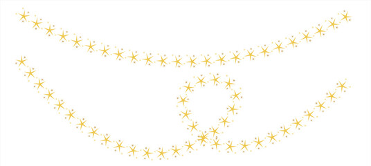 Golden falling stars garland on white background, festive shiny gold star hanging decoration for celebration and party design