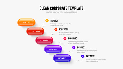 Sales Solution Presentation Layout Vector Illustration. Professional Innovation Five Option Diagram Slide Template. Business Strategy 5 Element Infographic Frame Design.